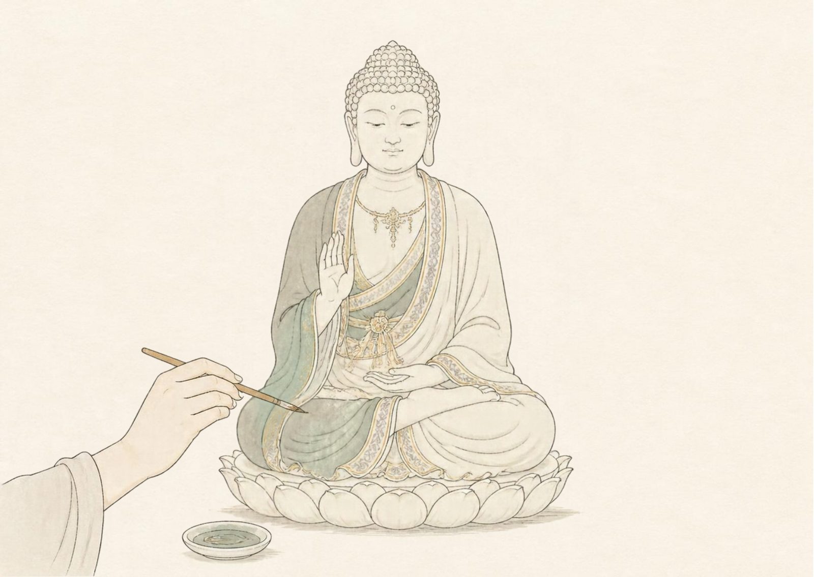 職人執筆替坐佛衣袍補色的白描插畫