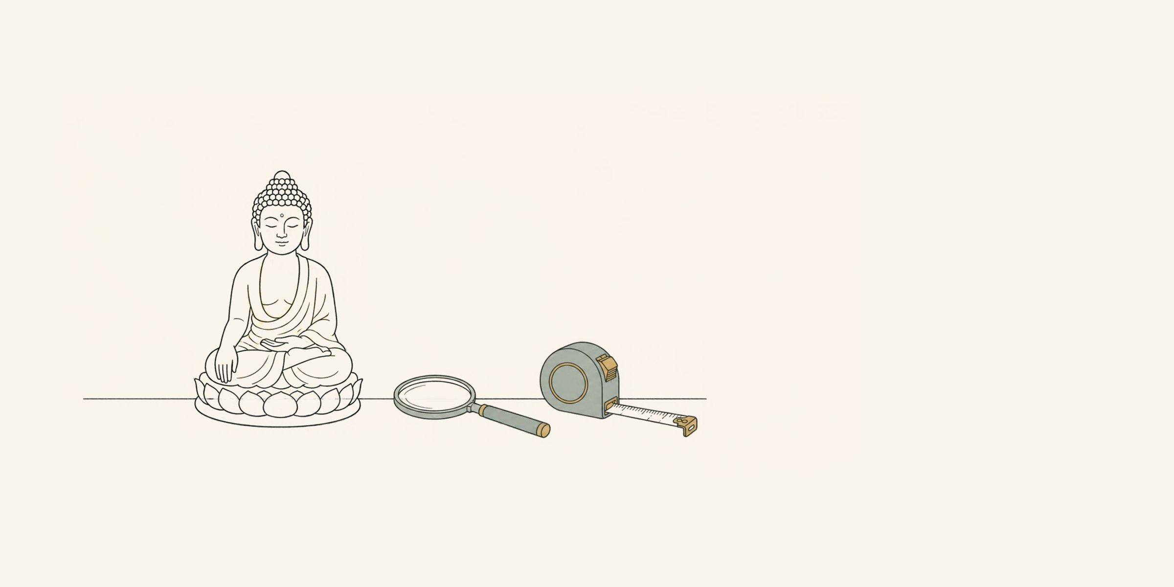 坐佛旁放著放大鏡與捲尺的插畫